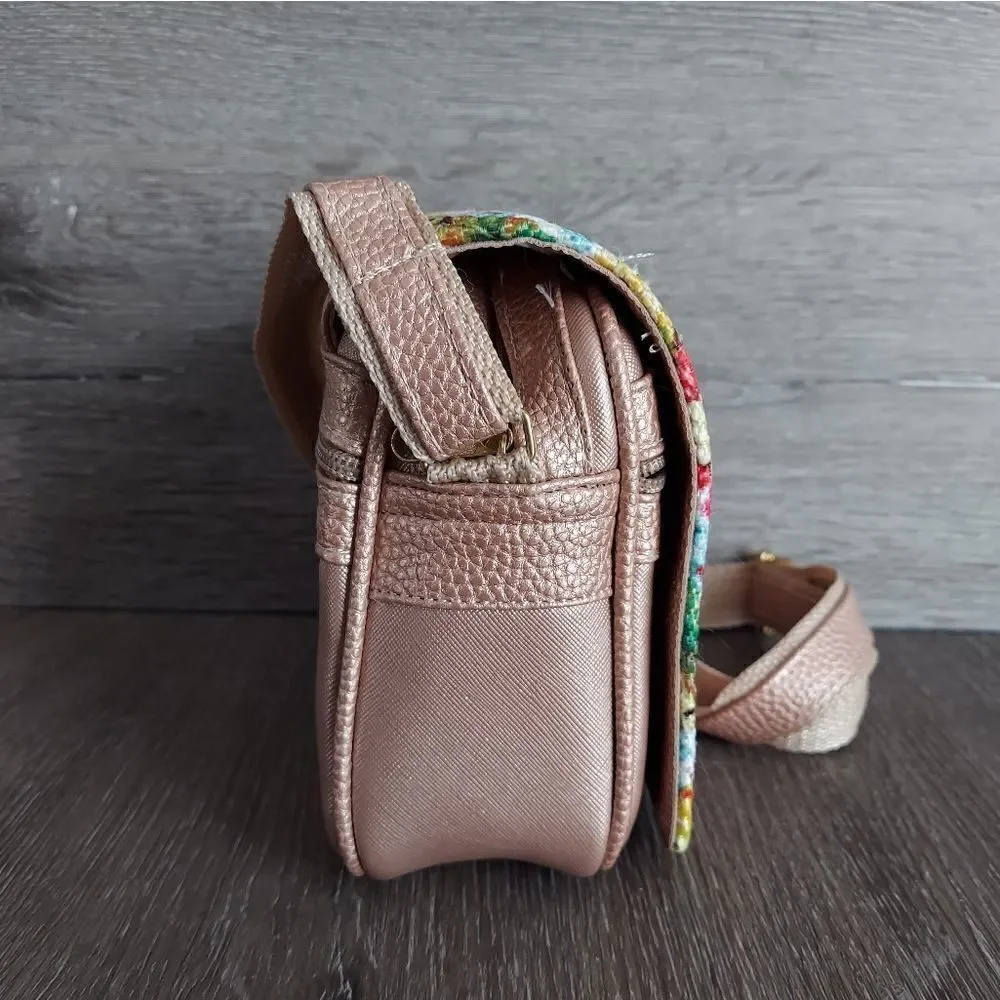 Frida Kahlo Handmade in Mexico Rose Gold Crossbody Floral Bag